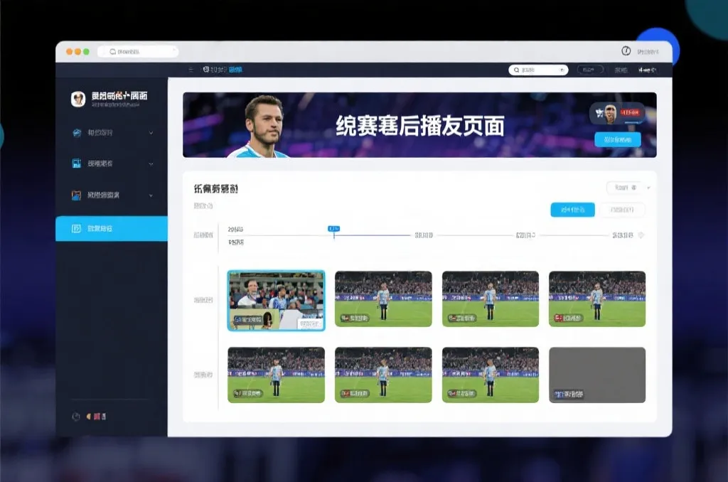 比赛结束后，电视屏幕展示集锦回放页面，旁边有时间轴和多角度切换提示